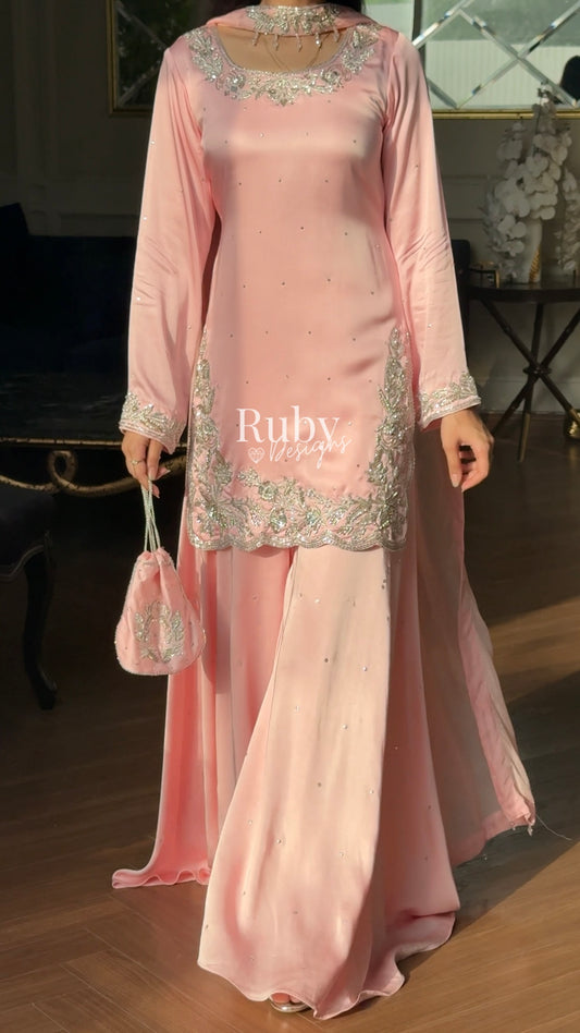 PARISA Rose - 4 Piece Silk Suit with Matching Potli Bag