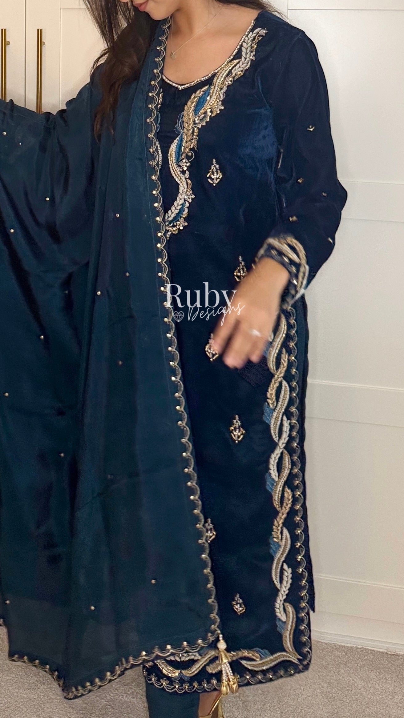 LINA - 3 Piece Teal Luxury Velvet Suit with Gold Handwork