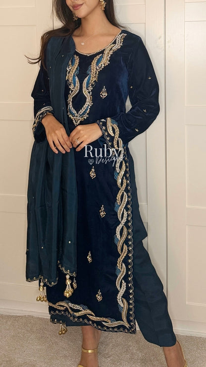LINA - 3 Piece Teal Luxury Velvet Suit with Gold Handwork