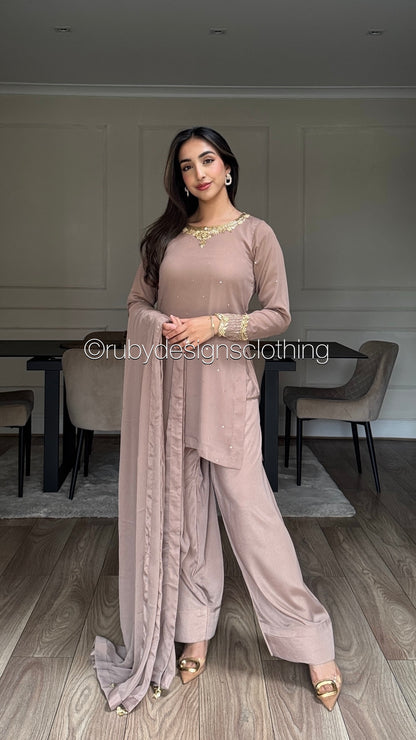 RAHA Latte - Luxury 3 Piece Chiffon Suit with Farshi Shalwar