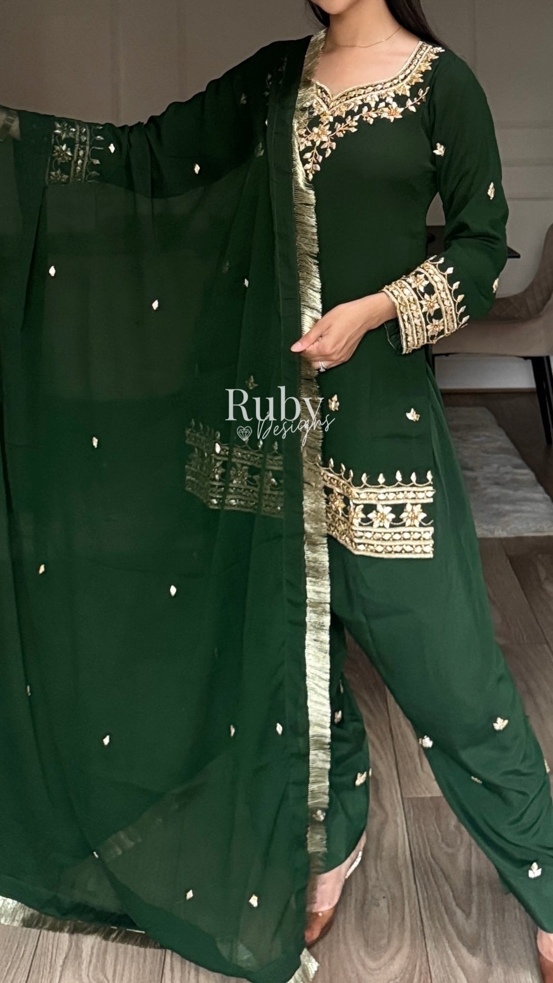 SAJAL Emerald - 3 Piece Chiffon Suit with Farshi Shalwar and Gota Handwork