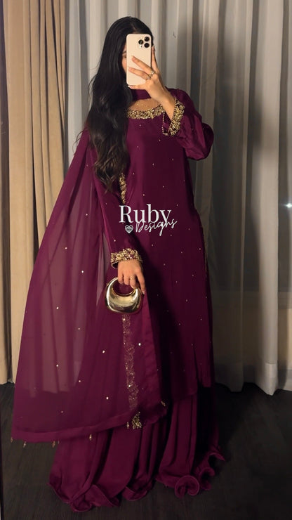 ZAINA Mulberry - 3 Piece Silk Suit with Gold Handwork