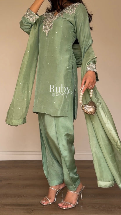 MARWA - 3 Piece Sage Green Silk Suit with Shalwar
