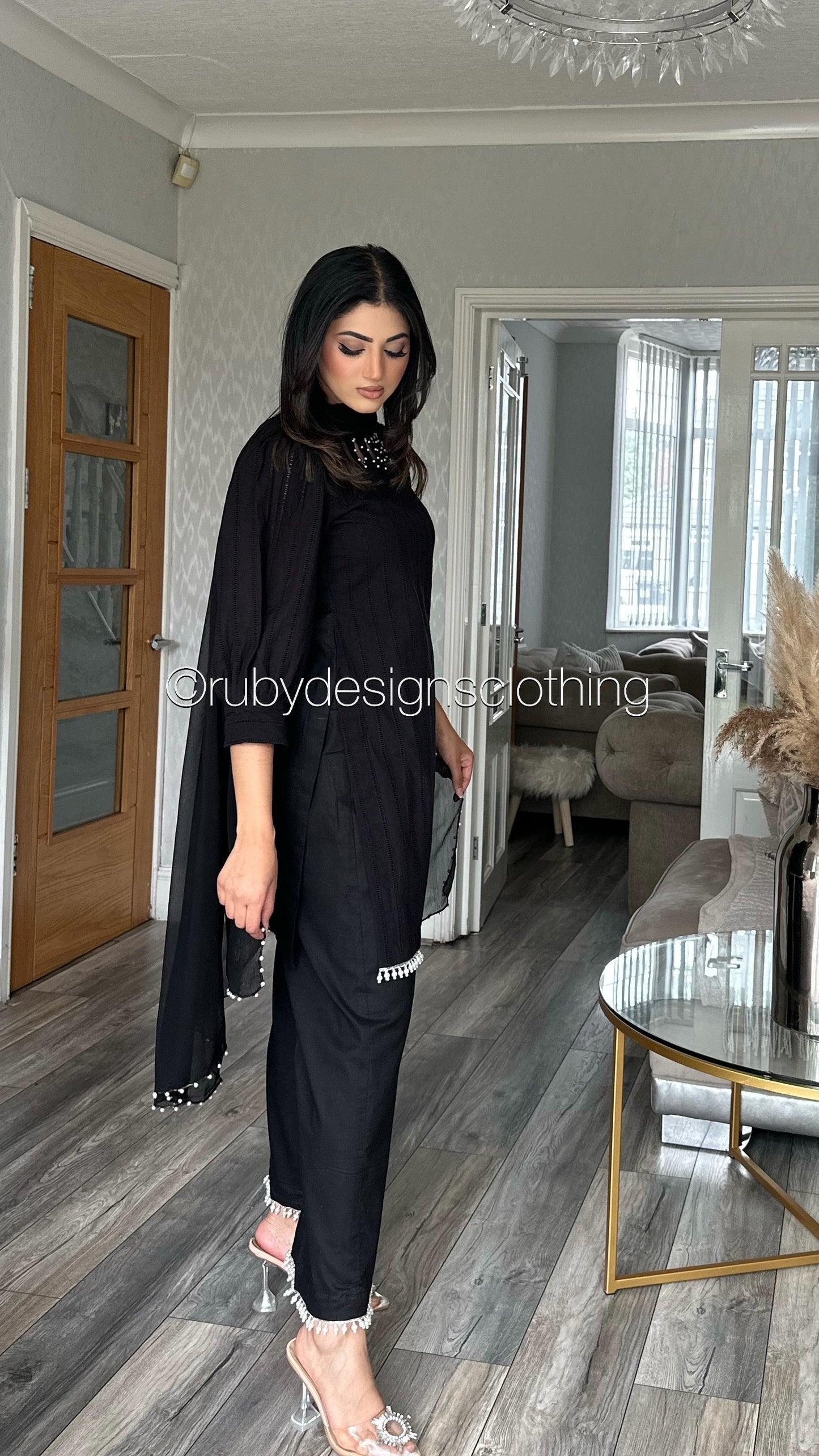 HUSNA - 3 Piece Black Lawn Suit with Pearl Details