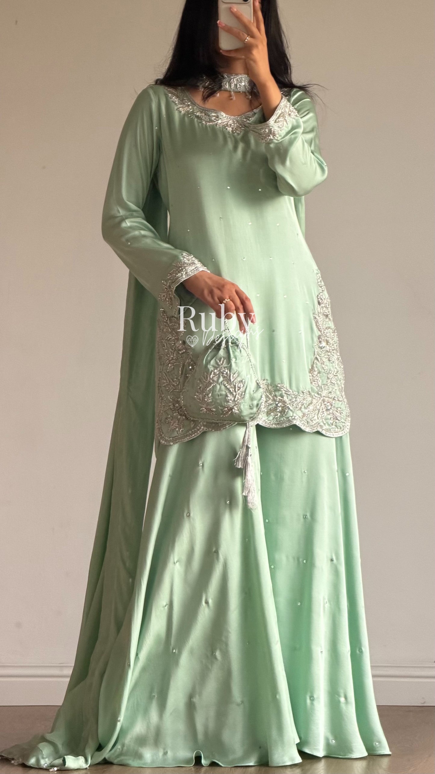 PARISA Sage - 4 Piece Silk Suit with Matching Potli Bag