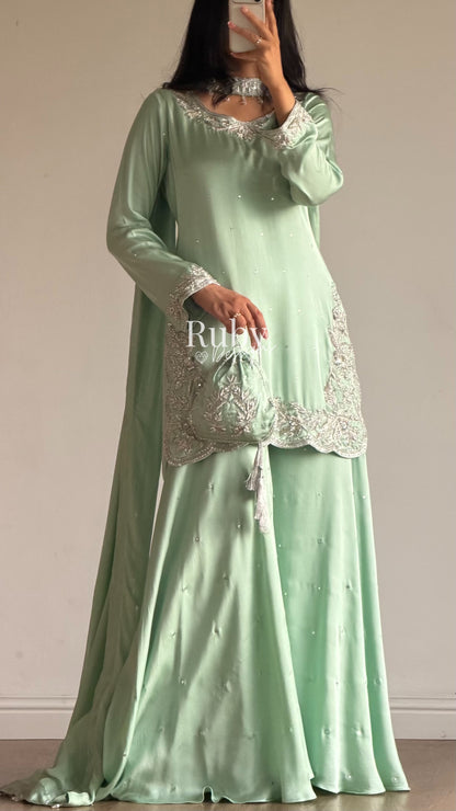 PARISA Sage - 4 Piece Silk Suit with Matching Potli Bag