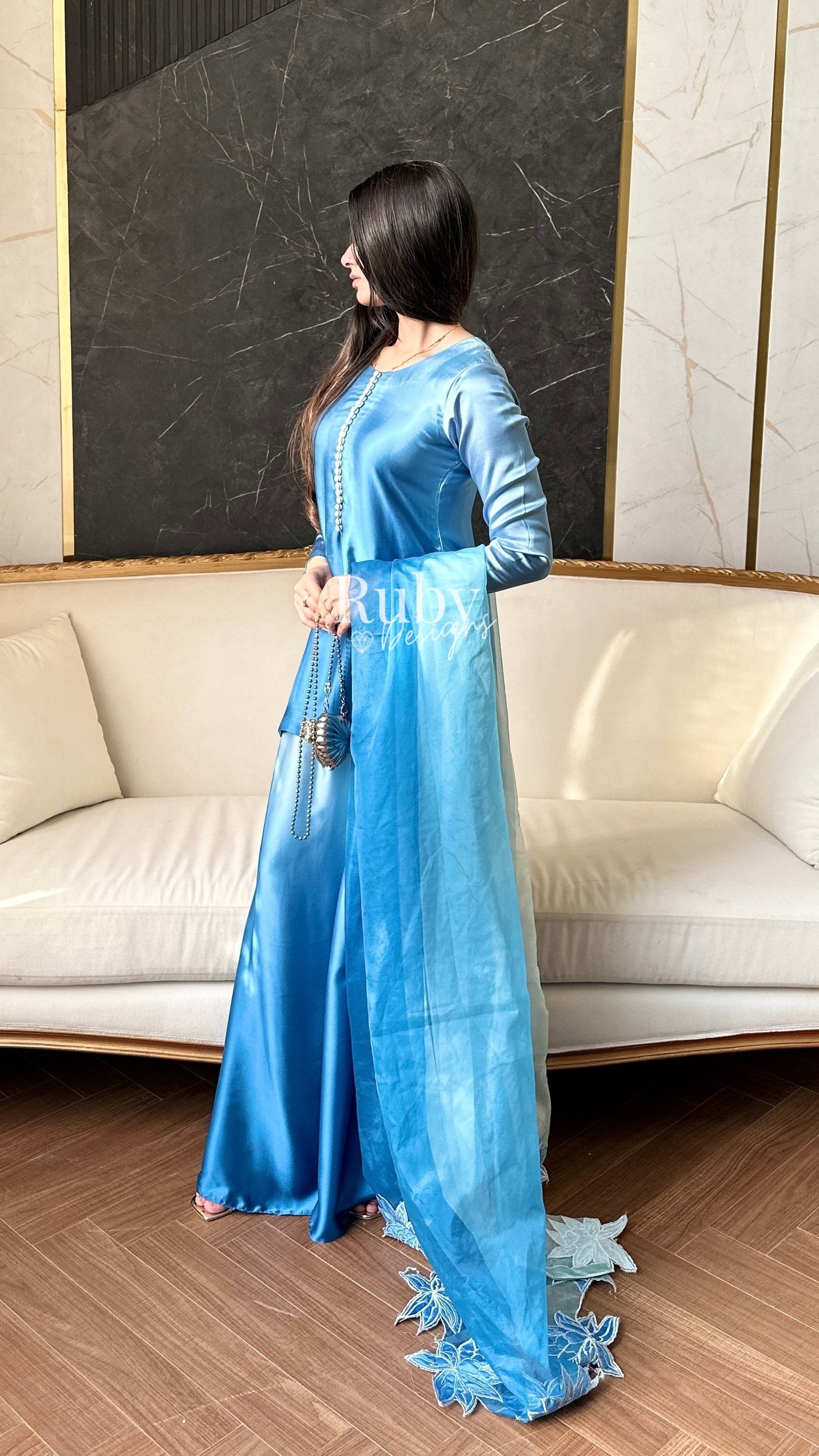 FIHA Azure - 3 Piece Ombrè Silk Suit with Flowy Wide Pants