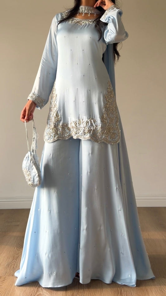 PARISA Sky - 4 Piece Silk Suit with Matching Potli Bag