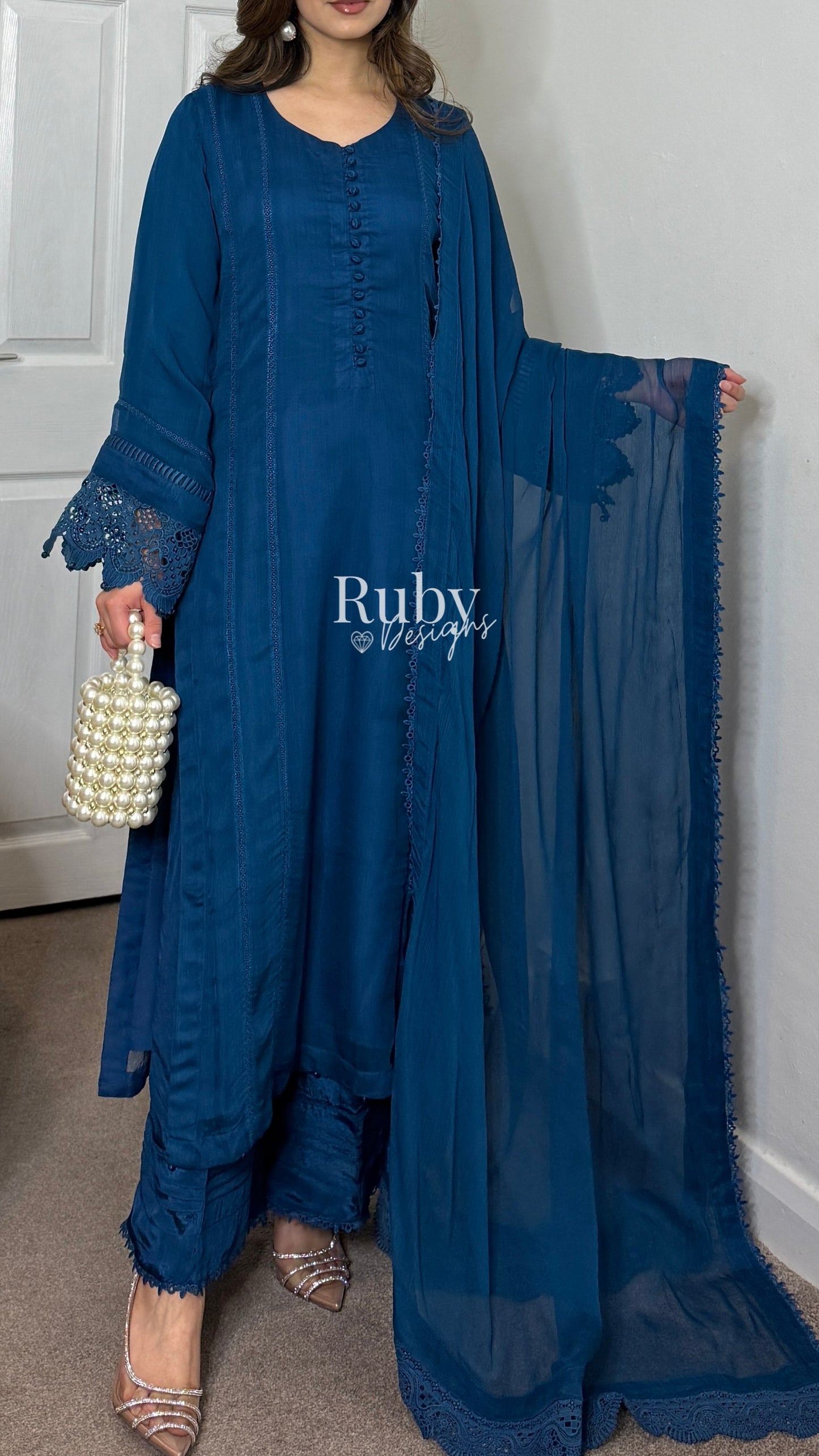 MINHA Teal - 3 Piece Chiffon Suit with Cutwork