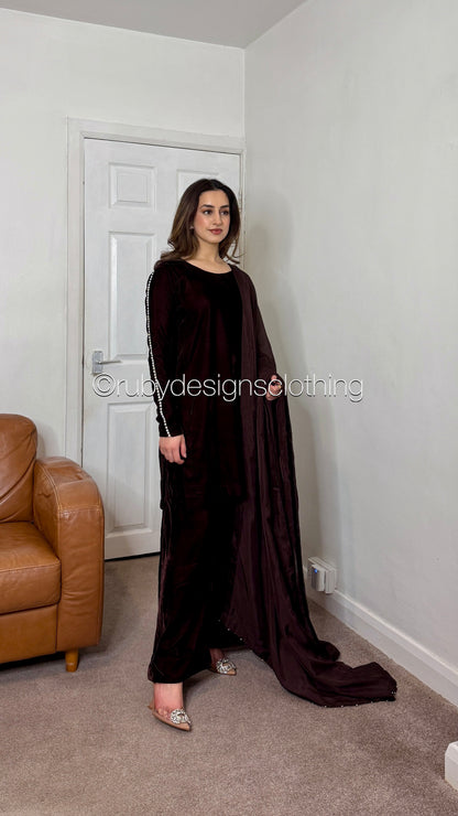 ADILA - 3 Piece Deep Brown Luxury Velvet Suit with Pearls