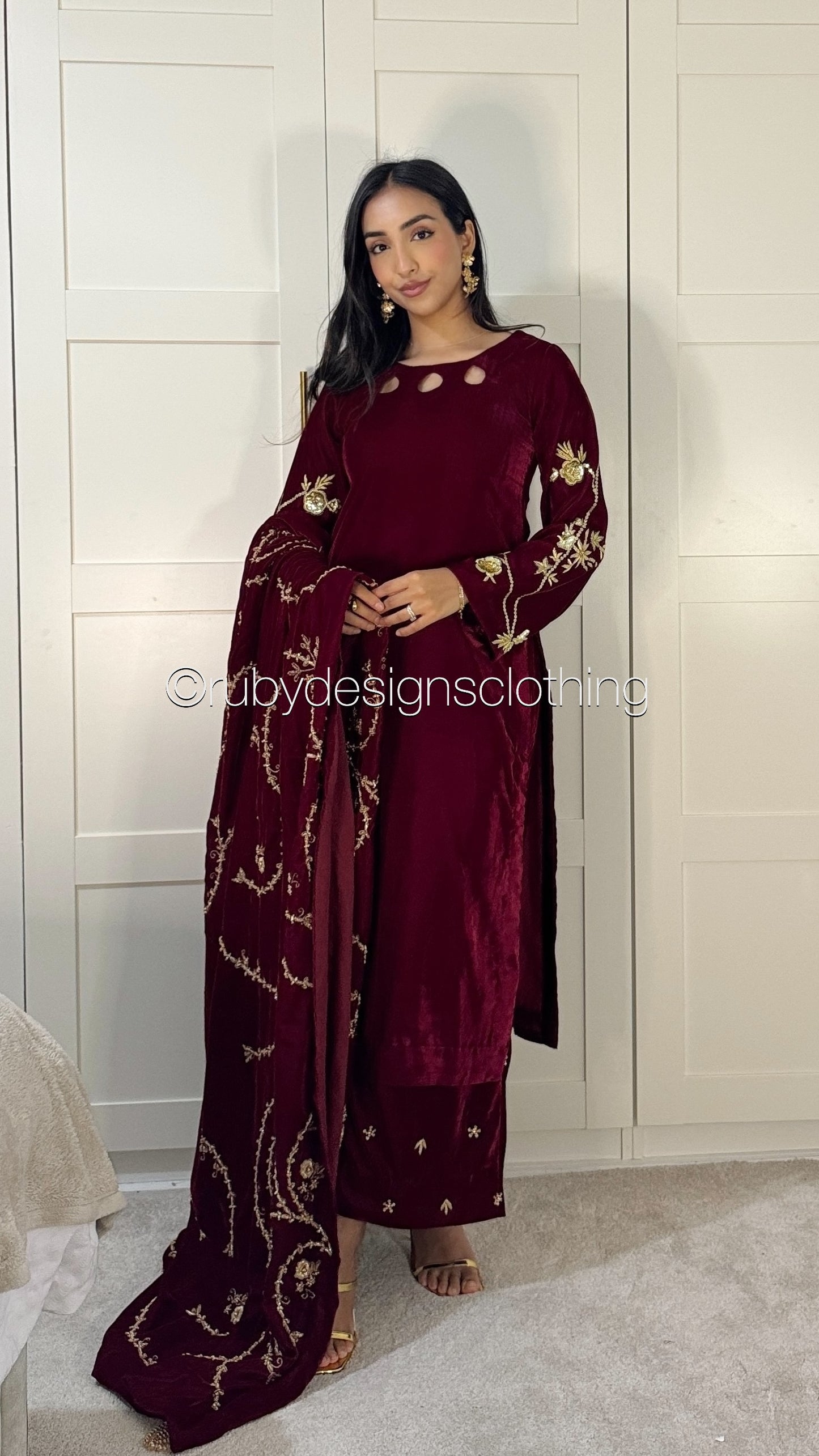 RAISA Cherry - 3 Piece Luxury Velvet Suit with Heavy Embellished Shawl