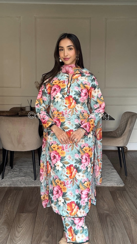 Peach Bloom - 3 Piece Swiss Lawn Suit with Silk Dupatta