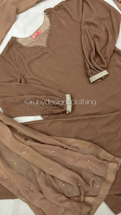 ALIA - 3 Piece Nude Luxury Velvet Suit with Pearls