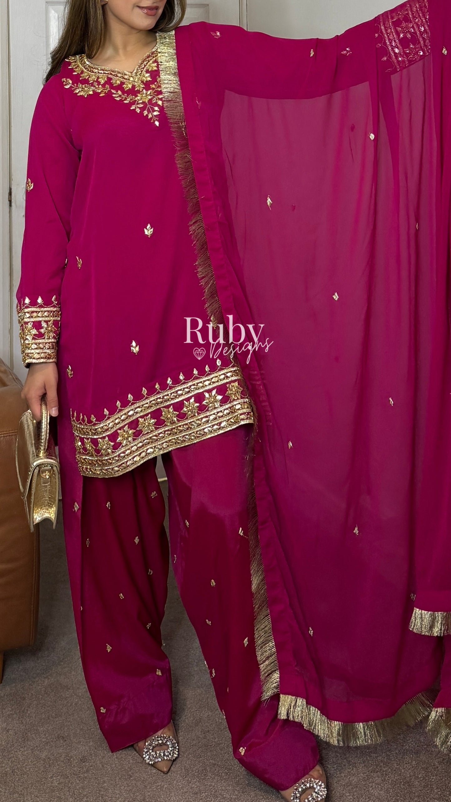 SAJAL Rose - 3 Piece Chiffon Suit with Farshi Shalwar and Gota Handwork