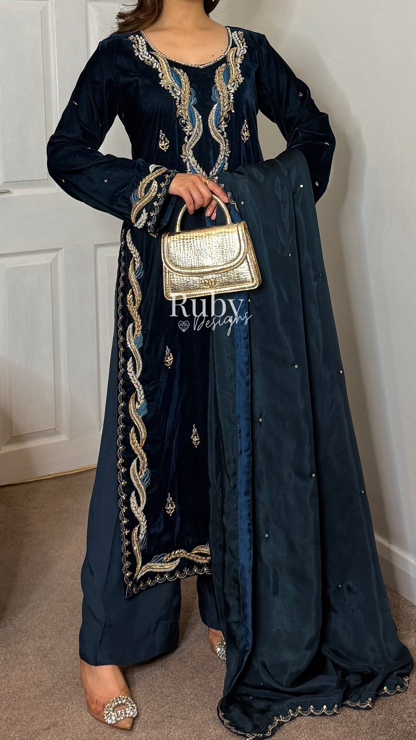 LINA - 3 Piece Teal Luxury Velvet Suit with Gold Handwork