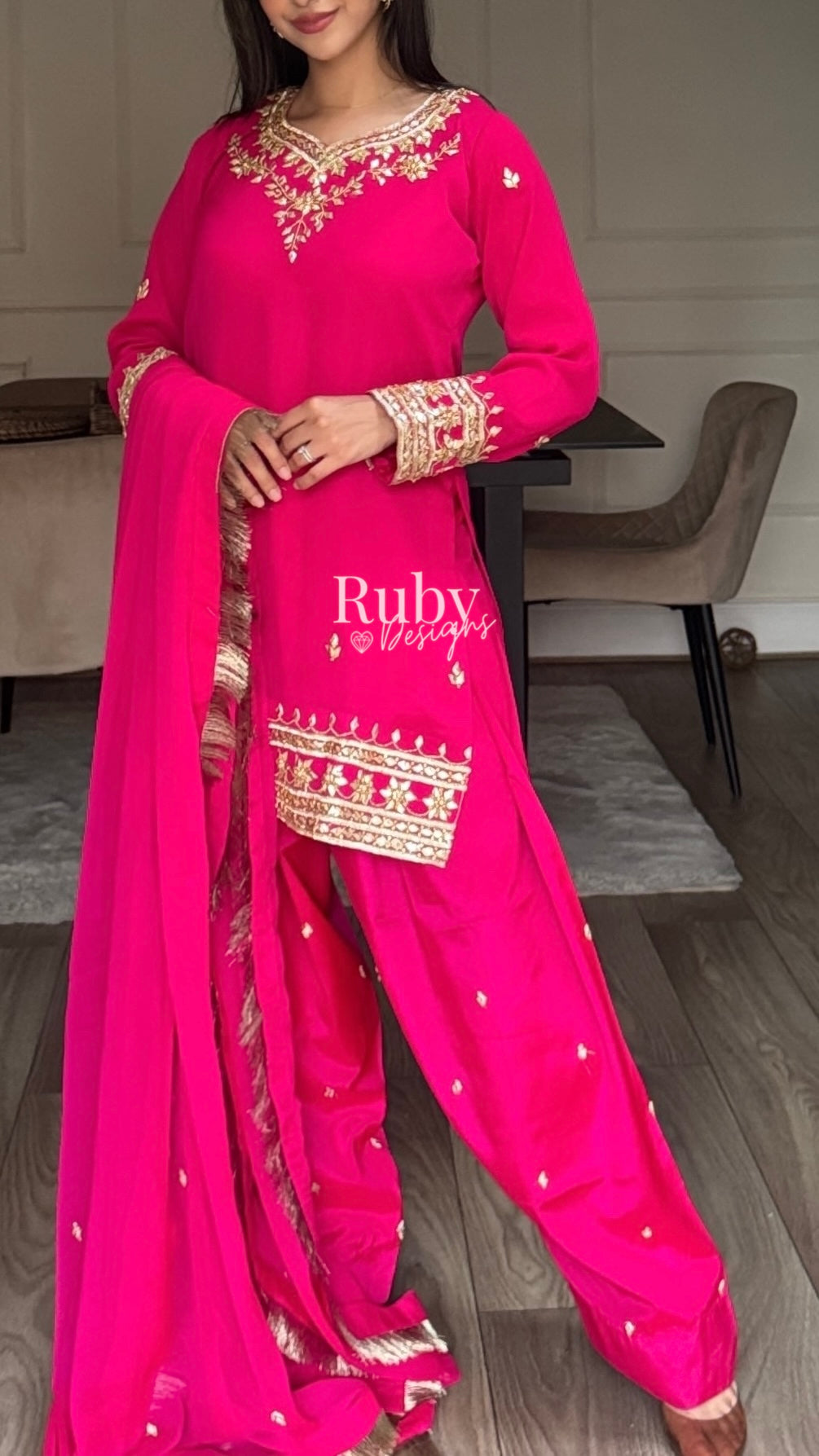 SAJAL Rose - 3 Piece Chiffon Suit with Farshi Shalwar and Gota Handwork