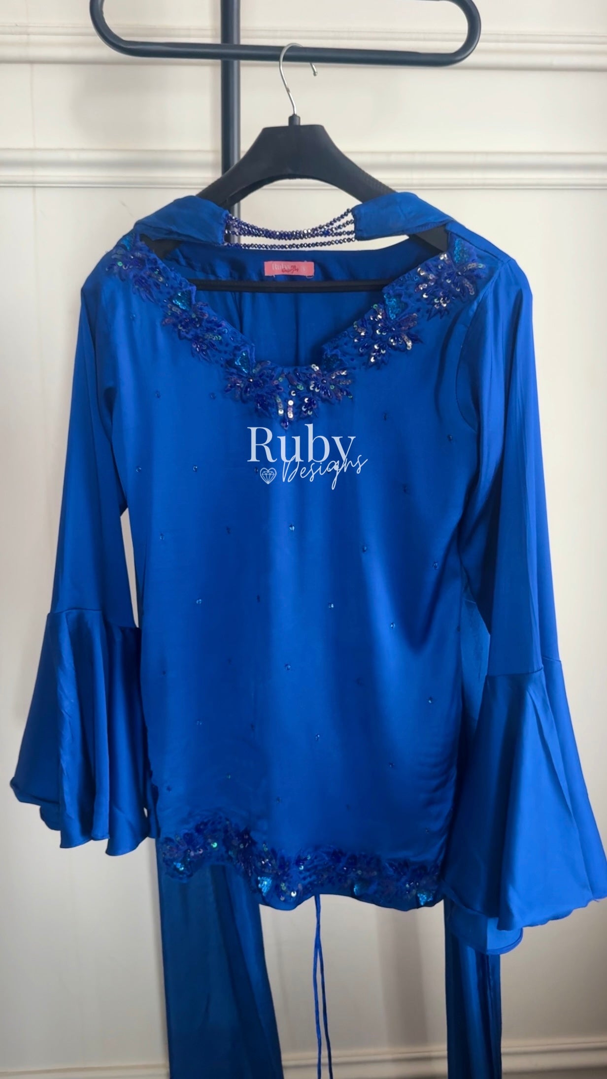 KAREENA Blue - 3 Piece Silk Suit with Crystal Choker Dupatta