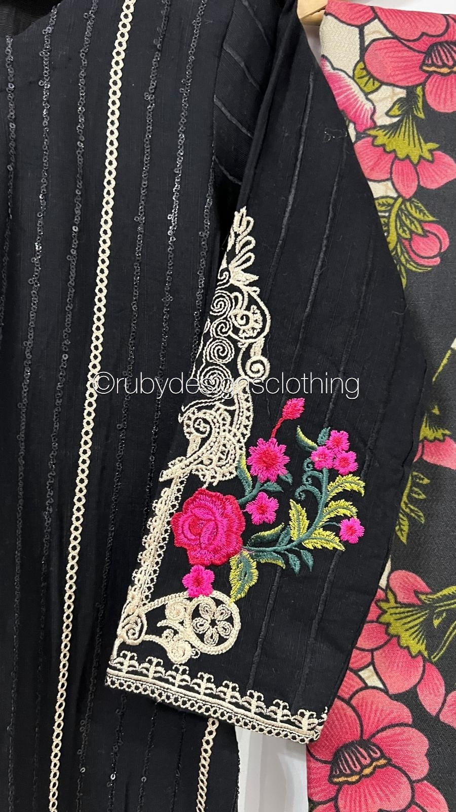 3 Piece Black Khaddar Suit with Shawl (8747218338005)