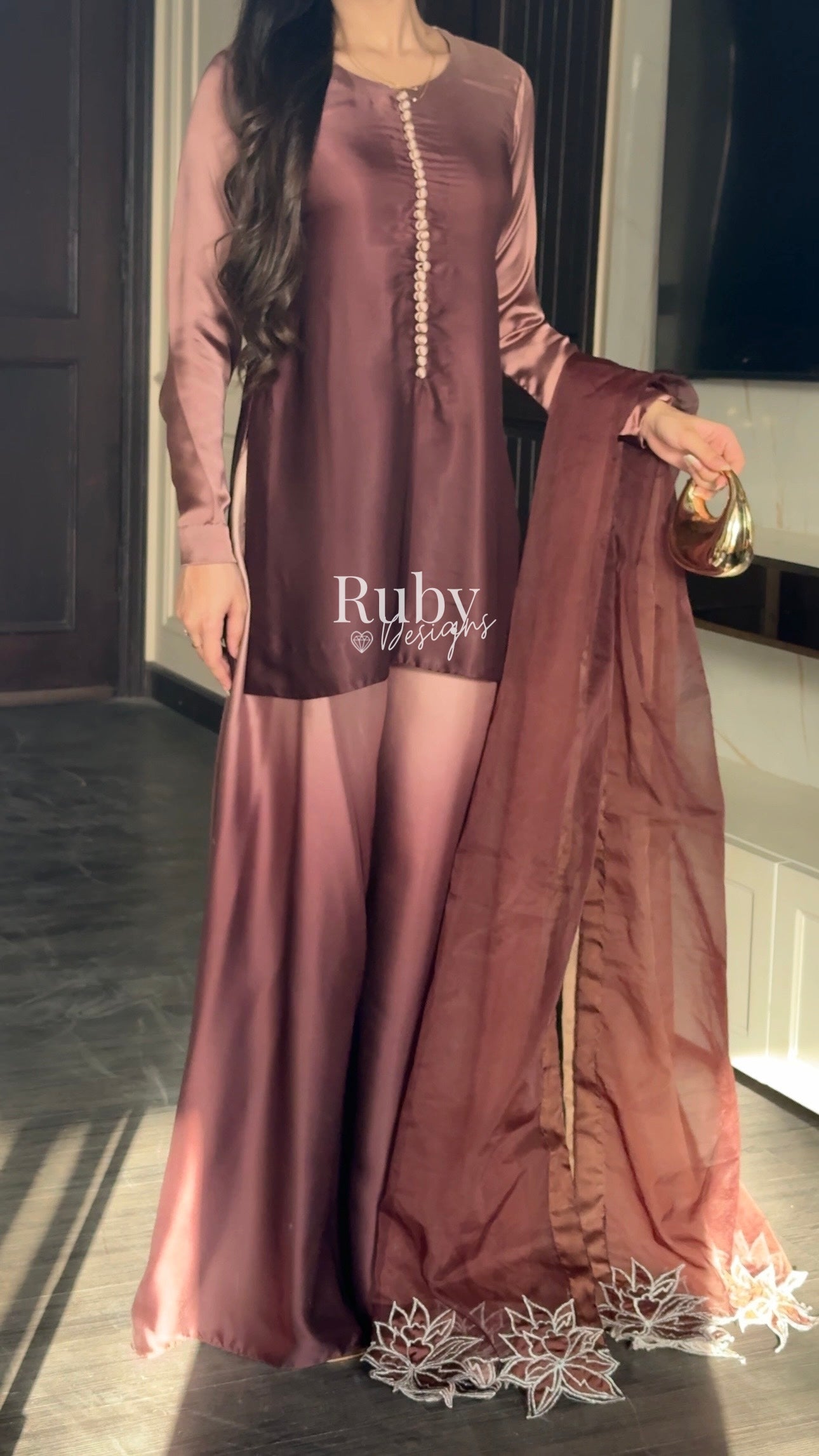 FIHA Mocha - 3 Piece Ombrè Silk Suit with Flowy Wide Pants