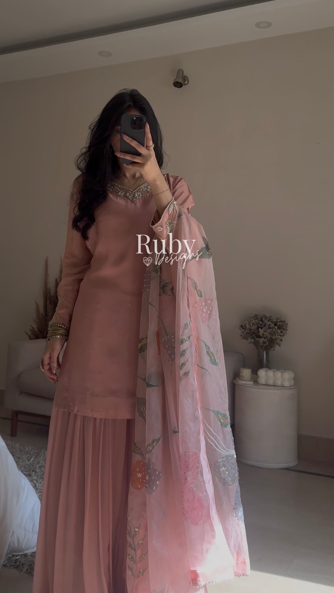 ZAIRA Rose - 3 Piece Chiffon Sharara Suit with Hand Painted Dupatta