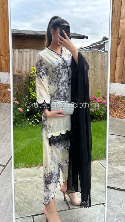 MINHA - 3 Piece Cream and Black Lawn Suit with Chiffon Dupatta (8746812932309)