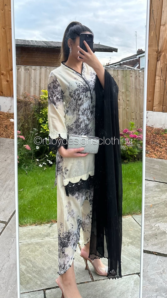 MINHA - 3 Piece Cream and Black Lawn Suit with Chiffon Dupatta (8746812932309)