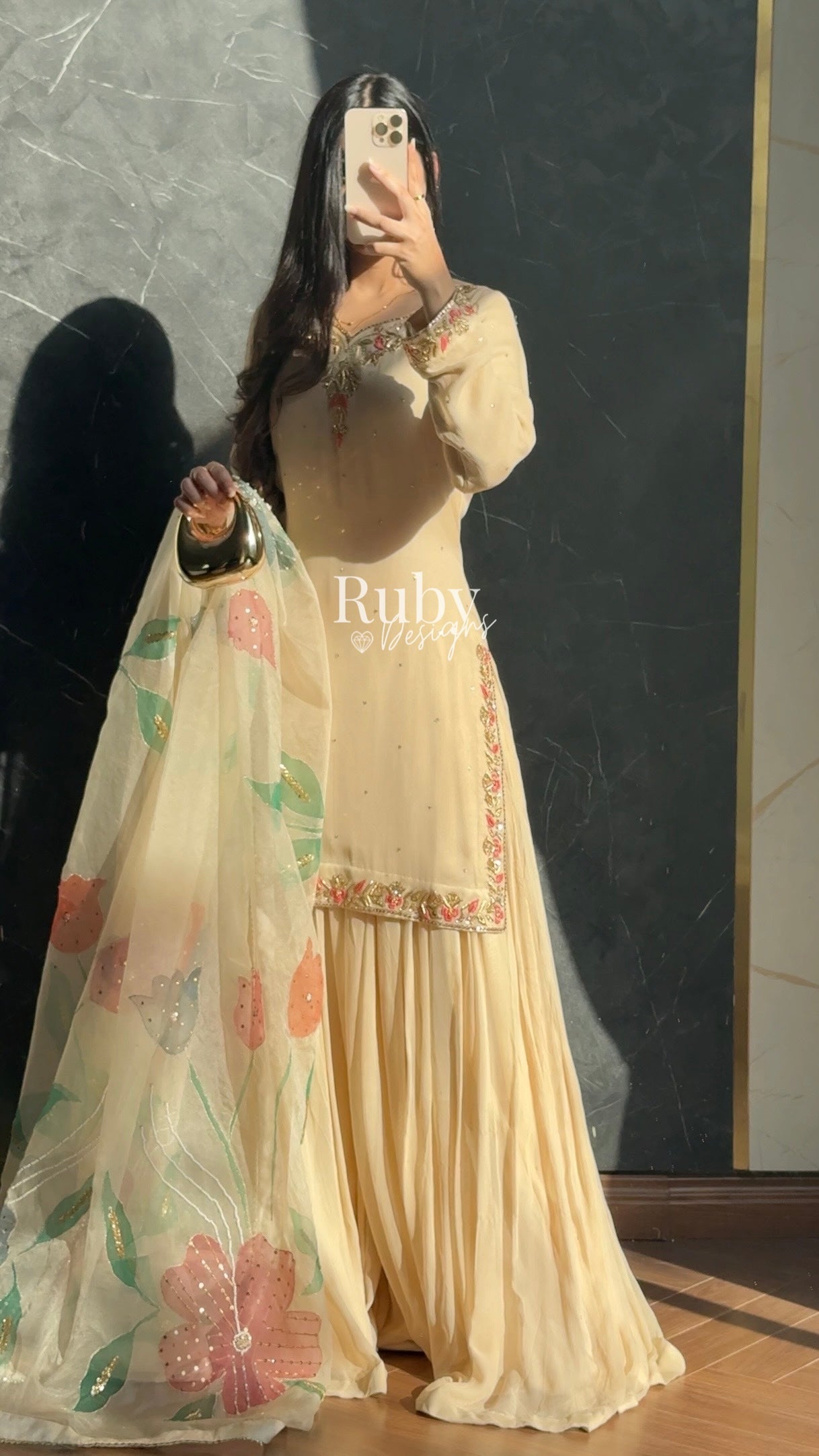 ZAIRA Dune - 3 Piece Chiffon Sharara Suit with Hand Painted Dupatta