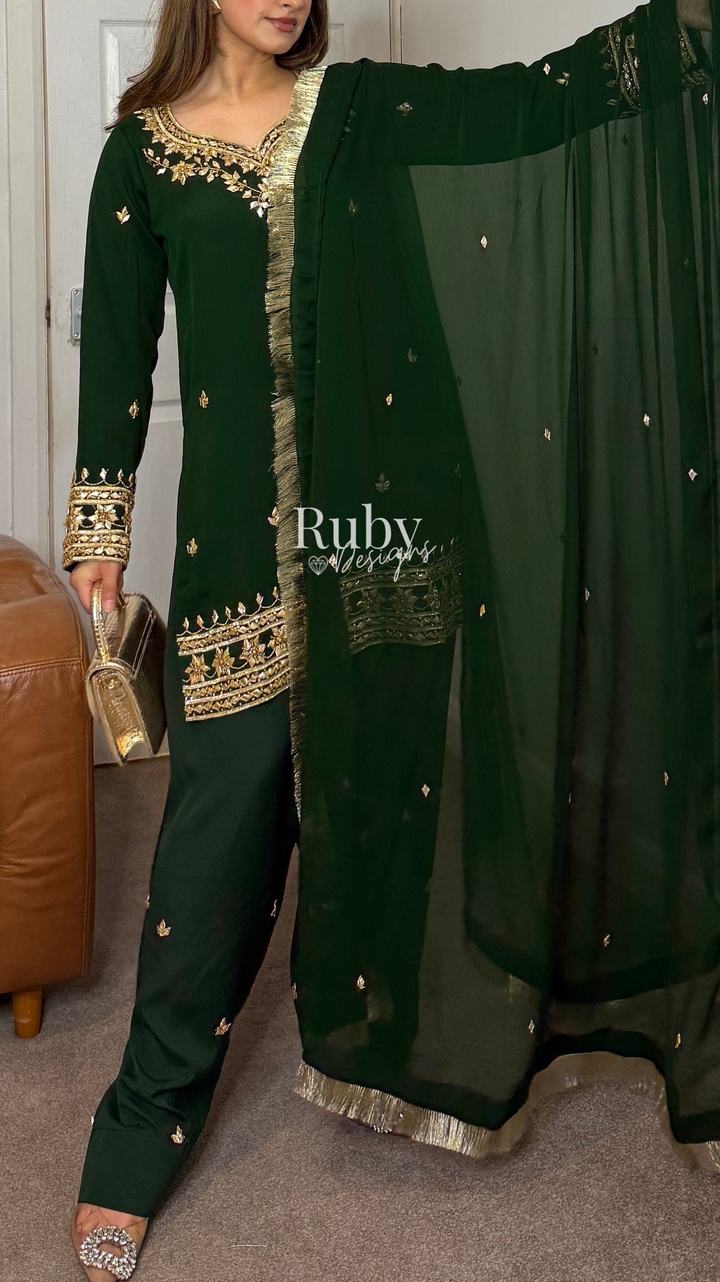SAJAL Emerald - 3 Piece Chiffon Suit with Farshi Shalwar and Gota Handwork