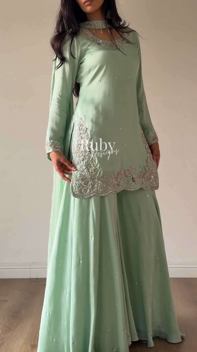 PARISA Sage - 4 Piece Silk Suit with Matching Potli Bag