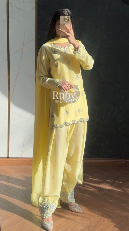 ATIFA Butter - 3 Piece Silk Suit with Shalwar