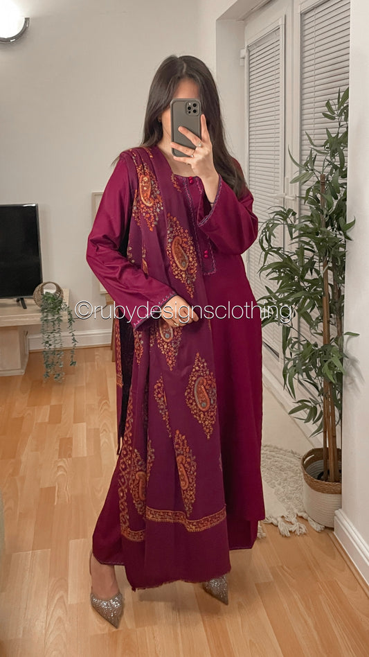 SOHA - 3 Piece Magenta Marina Suit with Embroidered Pashmina Shawl