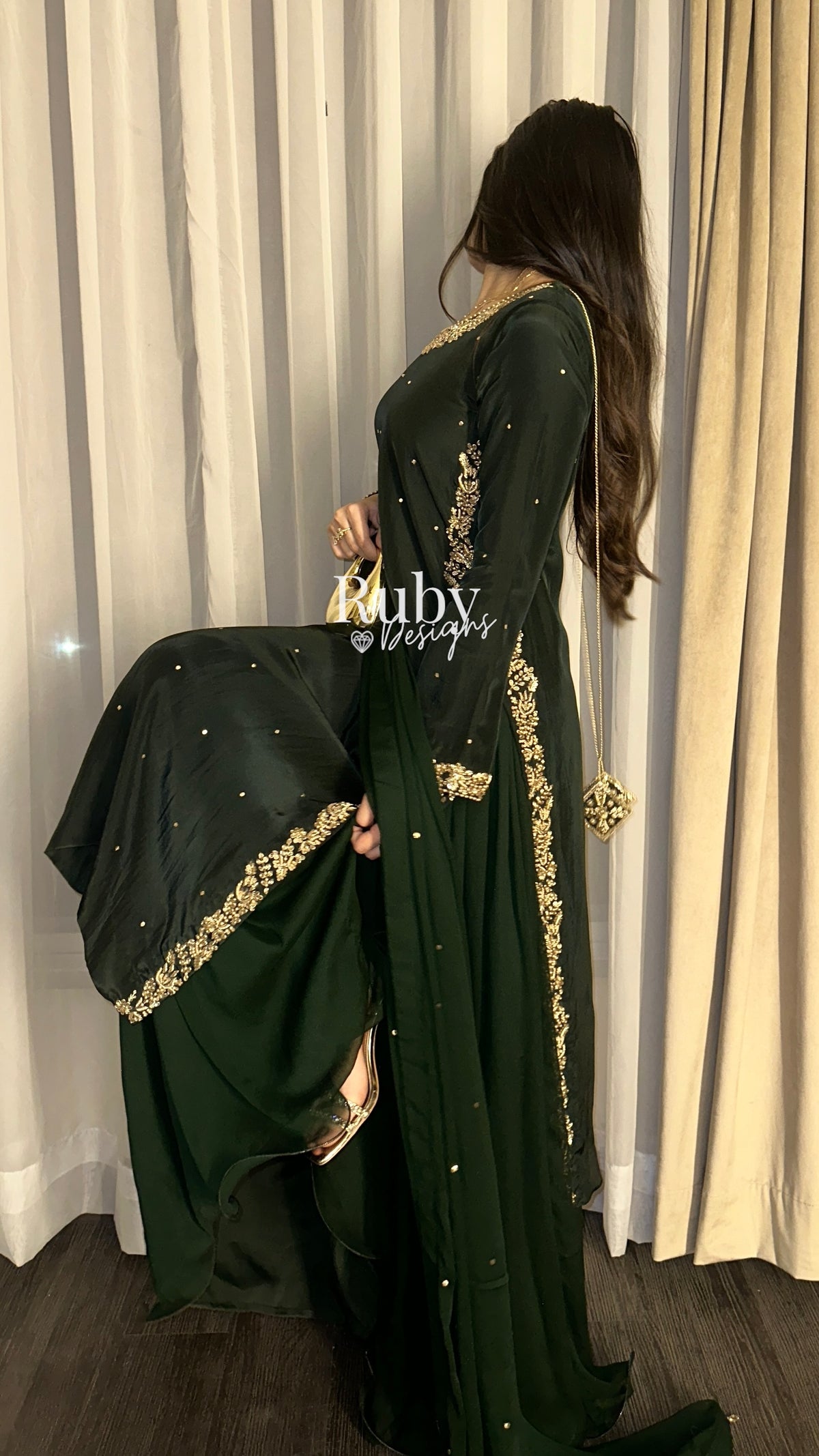 ZAINA Emerald - 3 Piece Silk Suit with Gold Handwork