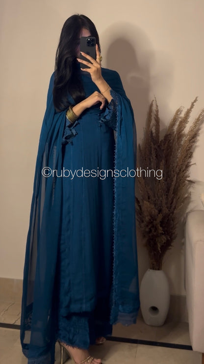 MINHA Teal - 3 Piece Chiffon Suit with Cutwork