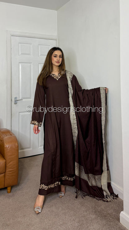 SAFIYA - 3 Piece Brown Marina Suit with Shawl
