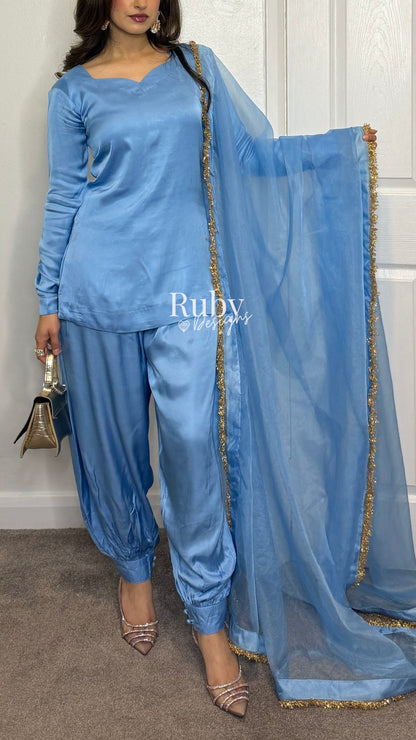 AMELLE Blue - 3 Piece Silk Suit with Balloon Pants