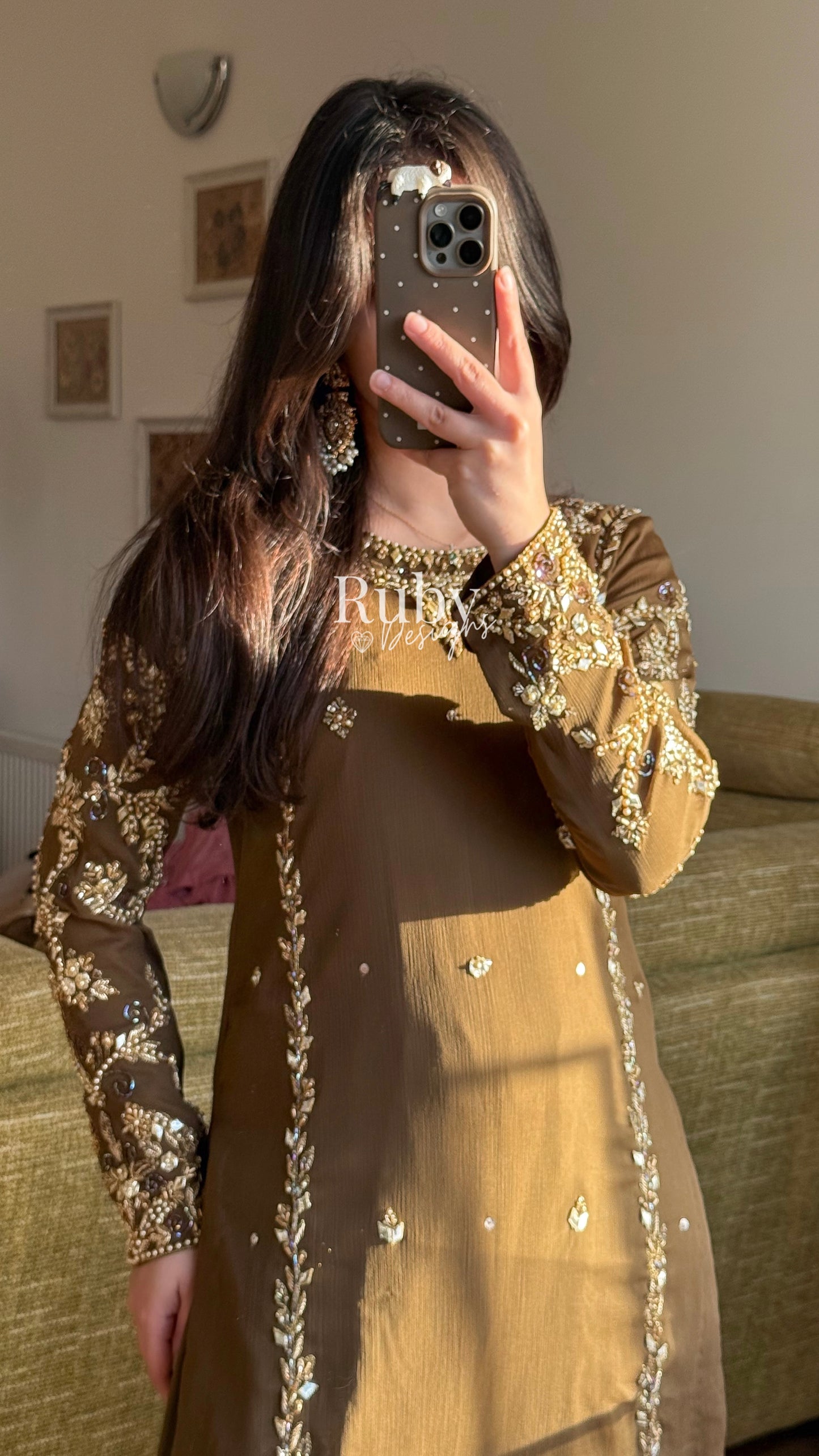 NAYRA Style 3 (Short Shirt) - 3 Piece Khaki Chiffon Suit with Shalwar