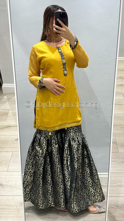 EXCLUSIVE SAMPLE - 3 Piece Yellow Chiffon Suit Shirt with Jamawar Gharara (8746851795157)