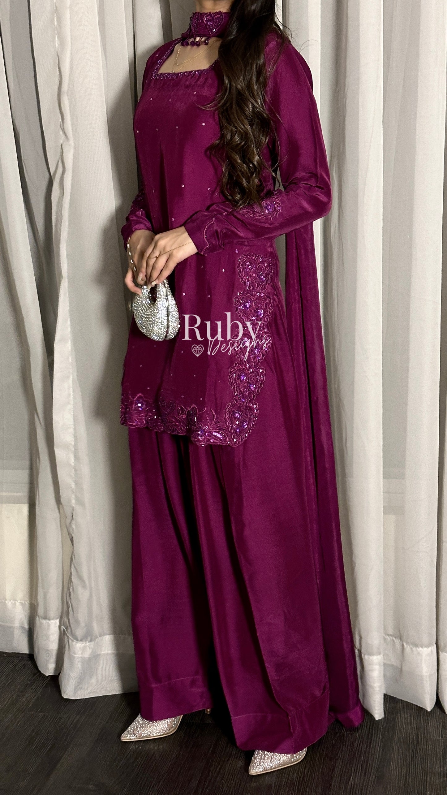 PRE-ORDER (not for immediate dispatch) - SAHARA - 3 Piece Magenta Luxury Silk Suit with Cutdana Handwork