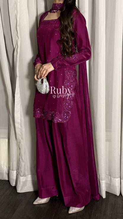 PRE-ORDER (not for immediate dispatch) - SAHARA - 3 Piece Magenta Luxury Silk Suit with Cutdana Handwork