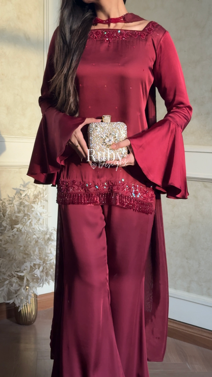 KAREENA Rouge - 3 Piece Silk Suit with Crystal Choker Dupatta