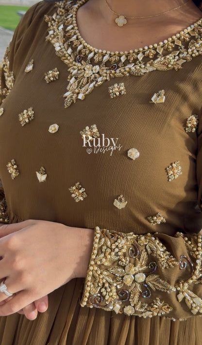 NAYRA Style 1 (Dress) - 3 Piece Khaki Chiffon Dress with Kiran Lace Dupatta and Churidaar Trousers