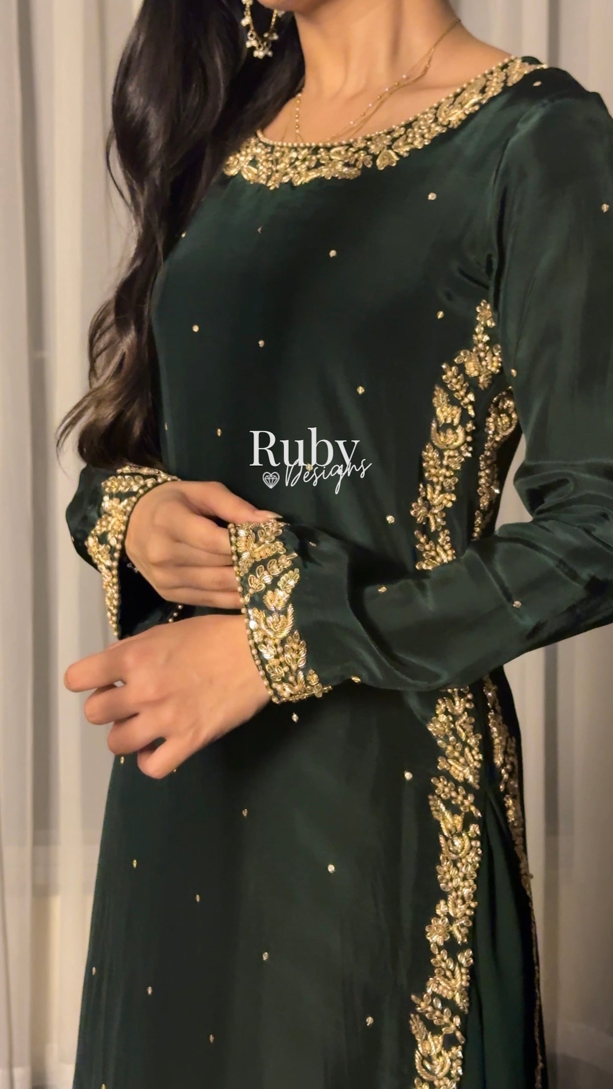 ZAINA Emerald - 3 Piece Silk Suit with Gold Handwork