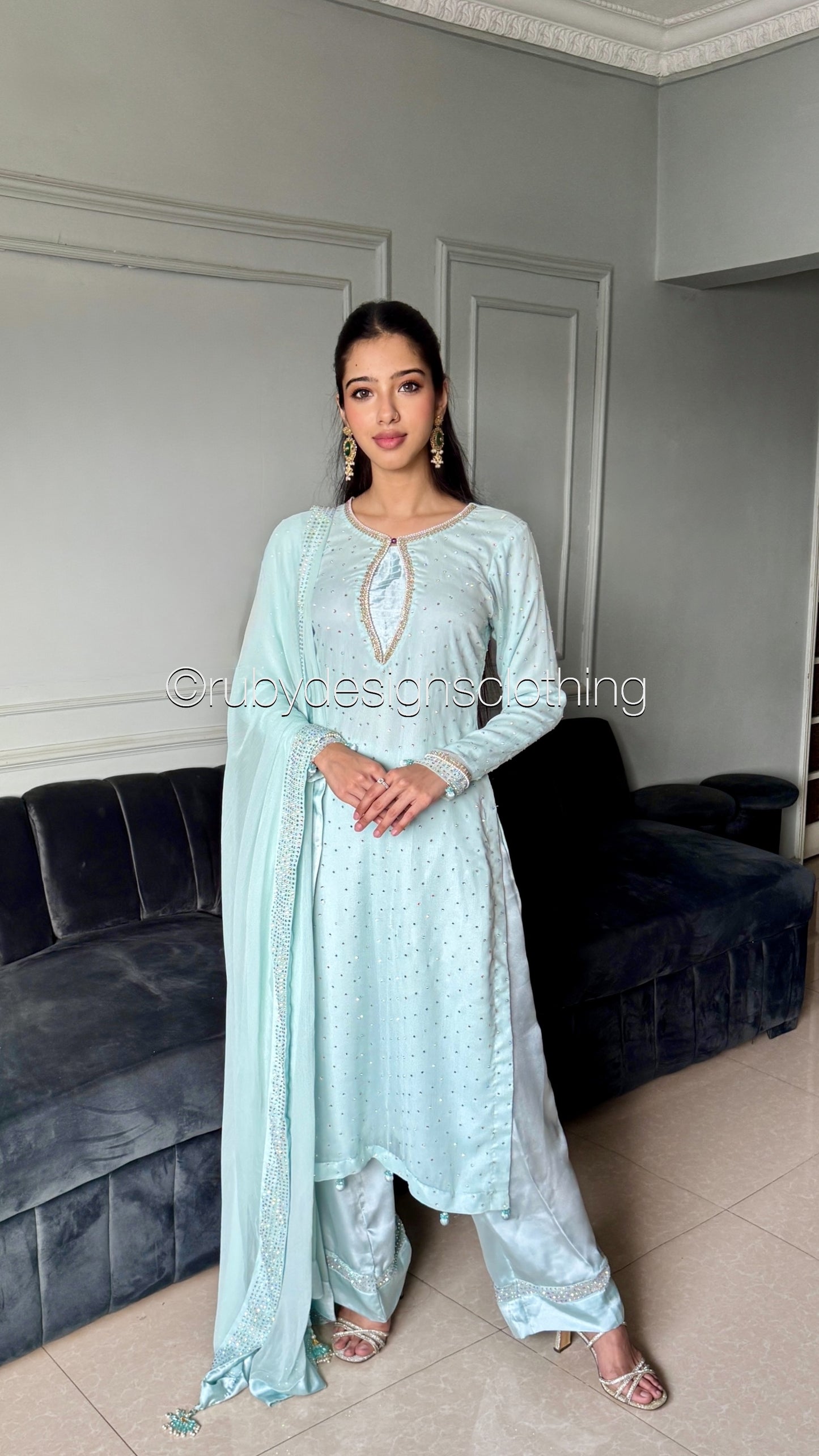 LEENA Sky - 3 Piece Chiffon Suit with Stonework