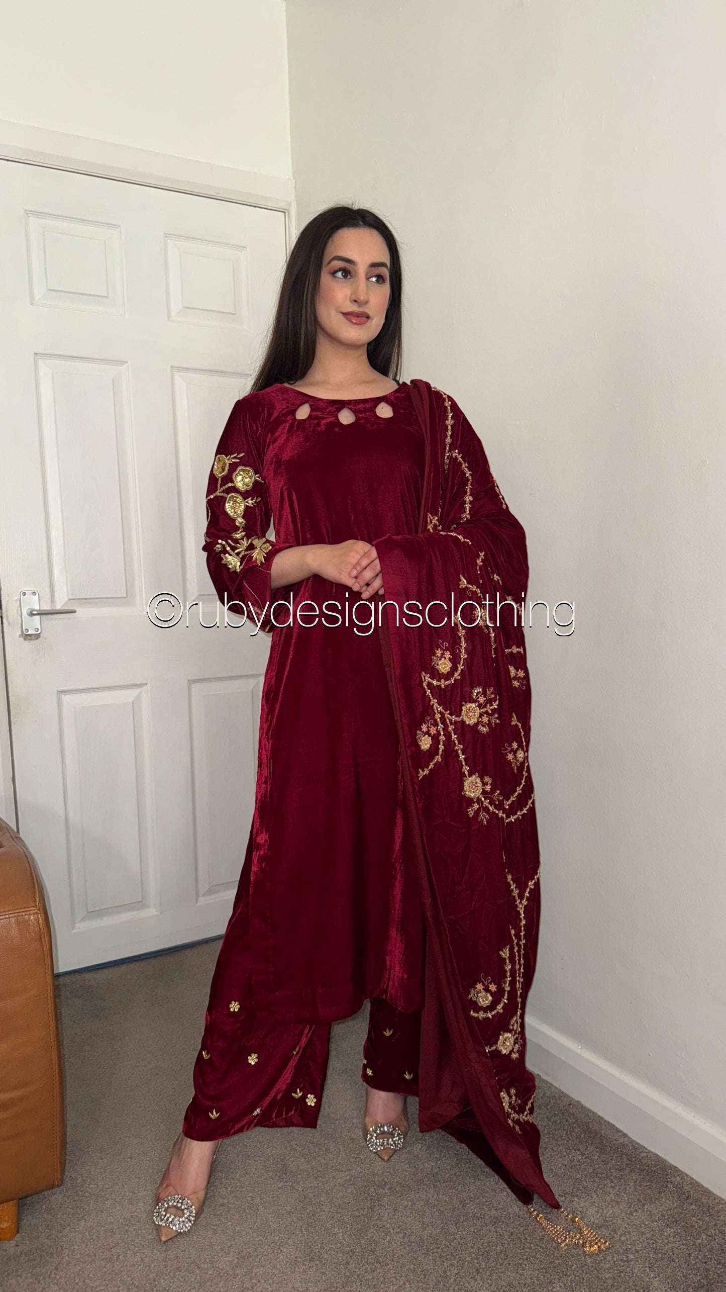 RAISA Cherry - 3 Piece Luxury Velvet Suit with Heavy Embellished Shawl