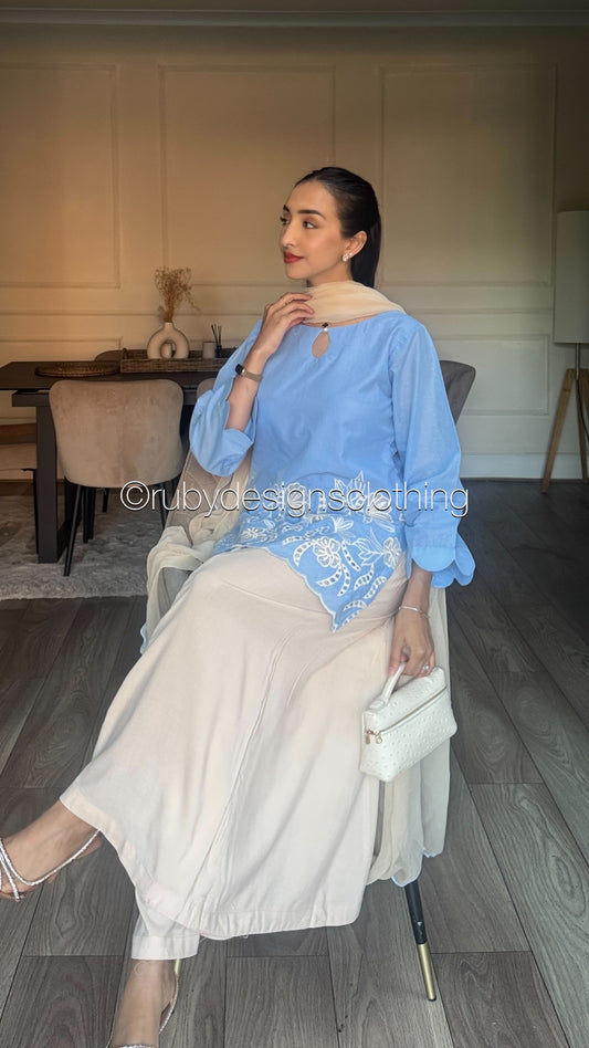 ELIA Sky - 3 Piece Swiss Lawn Suit with Flowy Wide-Leg Pants