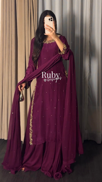 ZAINA Mulberry - 3 Piece Silk Suit with Gold Handwork
