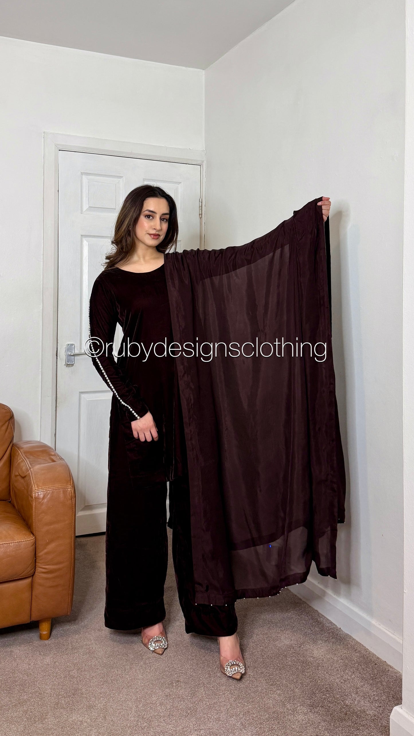 ADILA - 3 Piece Deep Brown Luxury Velvet Suit with Pearls
