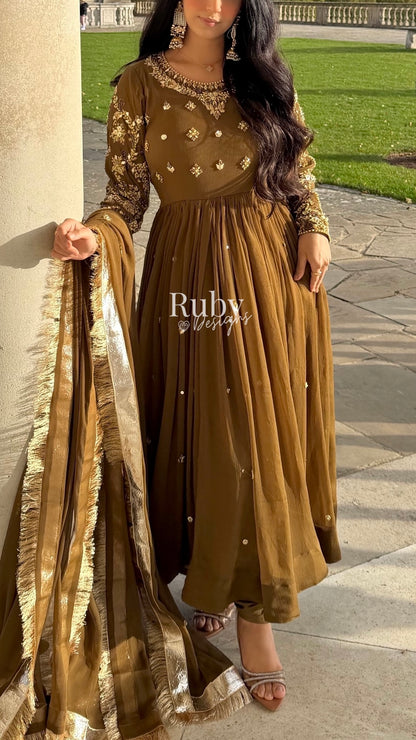 NAYRA Style 1 (Dress) - 3 Piece Khaki Chiffon Dress with Kiran Lace Dupatta and Churidaar Trousers