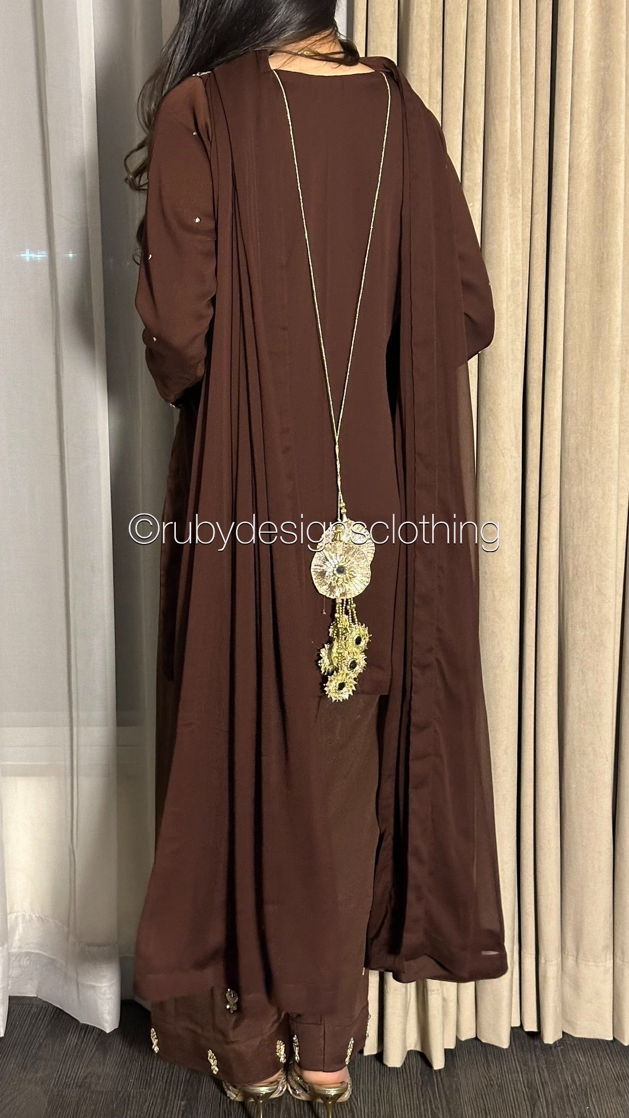HUMNA Cocoa - 3 Piece Chiffon Suit with Farshi Shalwar