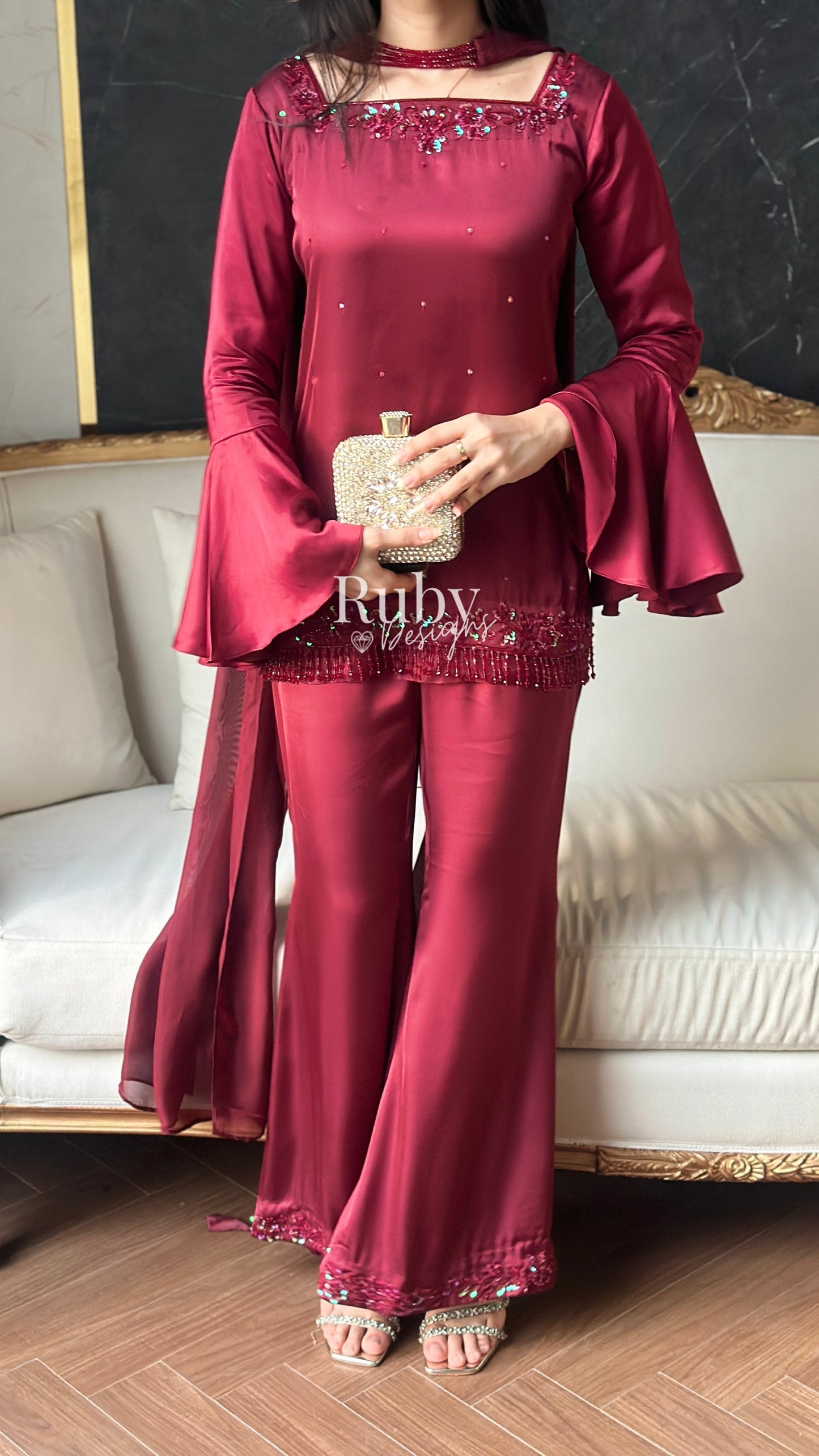 KAREENA Rouge - 3 Piece Silk Suit with Crystal Choker Dupatta